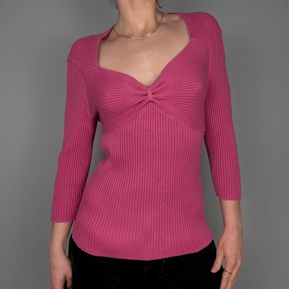 Pink ribbed v neck sweater knit top y2k bow detail size large from Link - Picture 4 of 8